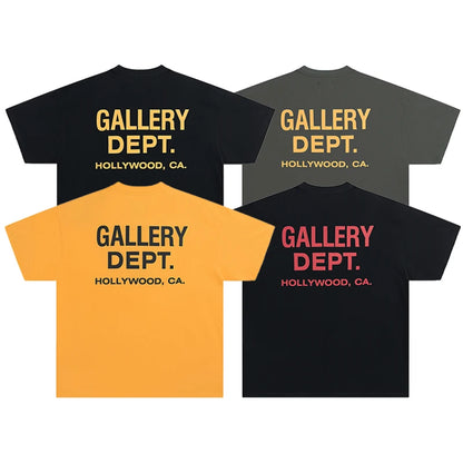 Men's GALLERY DEPT. T-Shirt Black Yellow Print HOLLYWOOD CA Oversized Cotton Streetwear Tee Summer Casual Short Sleeve Top