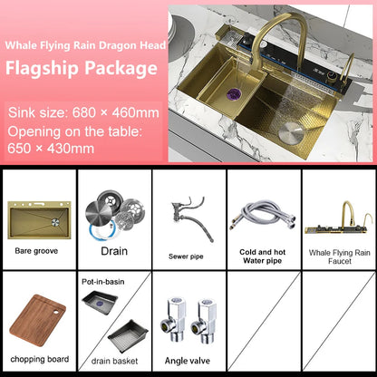 Stainless Steel Waterfall Kitchen Sink New Embossed Extra Large Single Slot Modern Digital Display Multifunctional Kitchen Sinks