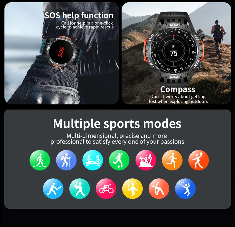 Smart Watch Men With LED Lighting Compass Sports Fitness Tracker Watch IP68 Waterproof Bluetooth Talk SmartWatch For Android IOS