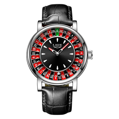 LIGE Quartz Man Watch Fashion Luxury Creative Roulette Game Dial Design Leather Casual Life Waterproof Watches for Men Gifts+Box