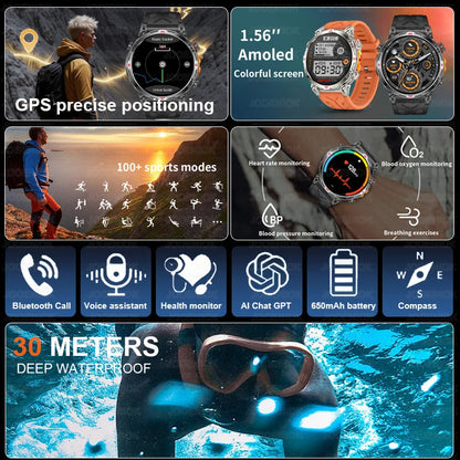 2026 New Outdoor Sports Smartwatch Men GPS Positioning 650mAh HD Call 1.56-inch AMOLED Screen Compass 5ATM Waterproof Watch Man