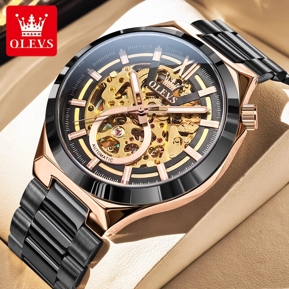 OLVES 6722 Mens Watch Original Luxury Skeleton Automatic Mechanical Watch Waterproof Luminous Stainless Steel Watches For Man