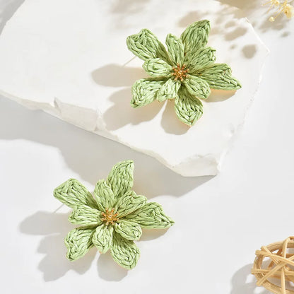 Boho Handmade Delicate Raffia Flower Earrings for Women Trendy Irregular Floral Summer Beach Jewelry Gift
