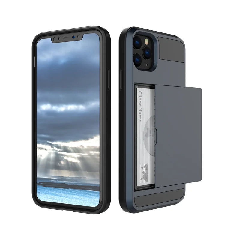 Slide Wallet Credit Card Slot PC Phone Case For iPhone 13 12 Mini 11 14 15 Pro Max XS XR 7 8 Plus SE TPU Armor Shockproof Cover
