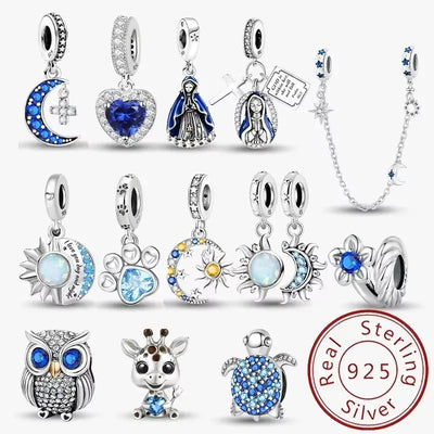 925 Sterling Silver Owl Cross Sun Moon Stars Blue Charms Bead Diy Bracelet Making Gift of High Quality Fine Jewelry for Women