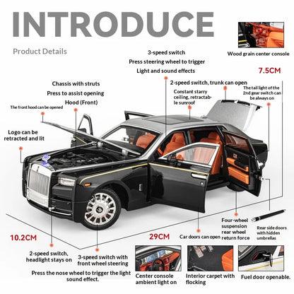 1:18 Rolls-Royce Phantom Model Car, Zinc Alloy Pull Back Toy Diecast Car with Sound and Light, Realistic Modeling Model Toy111