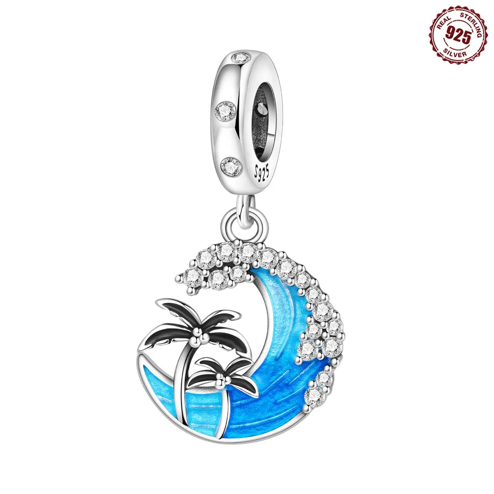 Leisurely 925 Sterling Silver Beach Trip Hawaiian Bikini Surf Coconut Tree Charm Fit DIY Bracelet Necklace Travel Souvenirs