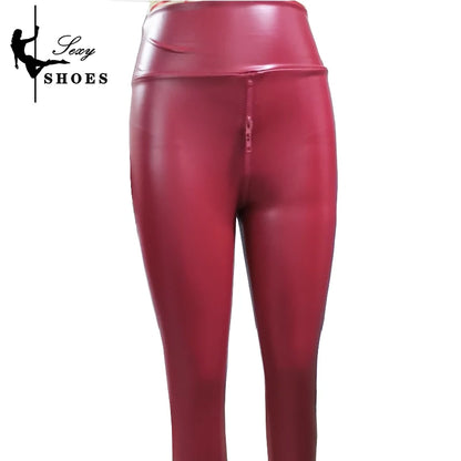 Open Crotch Pants for Women Sexy Black Matte Leather Double Zipper Bodycon Trousers Ladies Exotic Slim Nightclub Leggings Custom