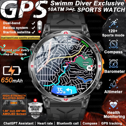 2026 New Outdoor Sports Smartwatch Men GPS Positioning 650mAh HD Call 1.56-inch AMOLED Screen Compass 5ATM Waterproof Watch Man