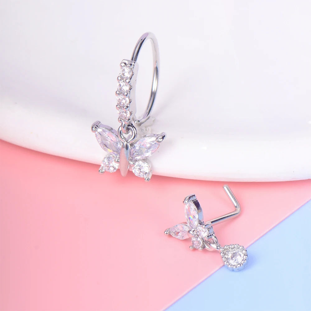 2Pcs Butterfly Pendant Dangle Nose Studs Ring Stainless Steel Zircon Indian Nose Piercing Rings Earrings Valentine Jewelry Gift