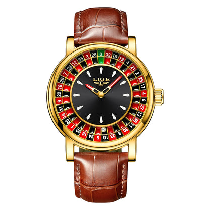 LIGE Quartz Man Watch Fashion Luxury Creative Roulette Game Dial Design Leather Casual Life Waterproof Watches for Men Gifts+Box