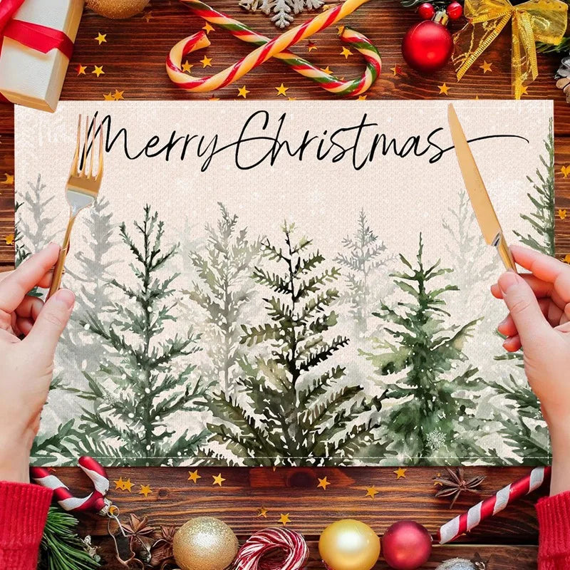 Linen Christmas Tree Placemats Navidad Noel Winter Table Mats for Kitchen Dining Christmas Decorations for Home 2025 Xmas Party