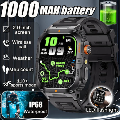 New 1000mAh military outdoor smartwatch for men, LED flashlight, IP68 waterproof, GPS sports, 2.01-inch Bluetooth call smartwatc