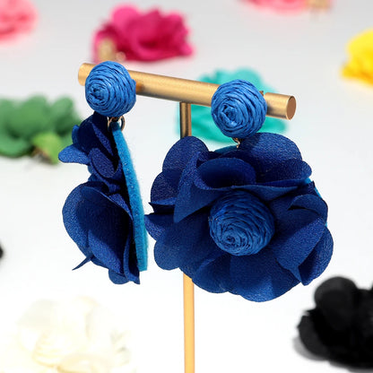 Summer Colorful Lafite Chiffon Flower Earrings for Women Boho Handwoven 3D Flower Fabric Drop Earring Beach Party Jewelry Gifts