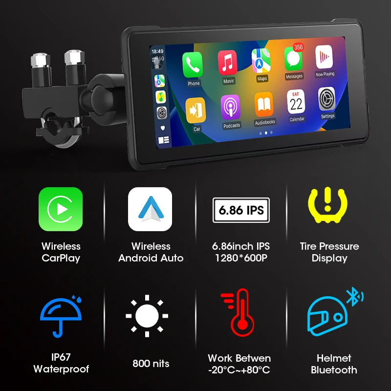Srnubi 6.86" Motorcycle DVR or Player 1080P Dual Cam GPS Navigation Wireless Carplay Android Auto Stereo Moto Dashcam with TPMS