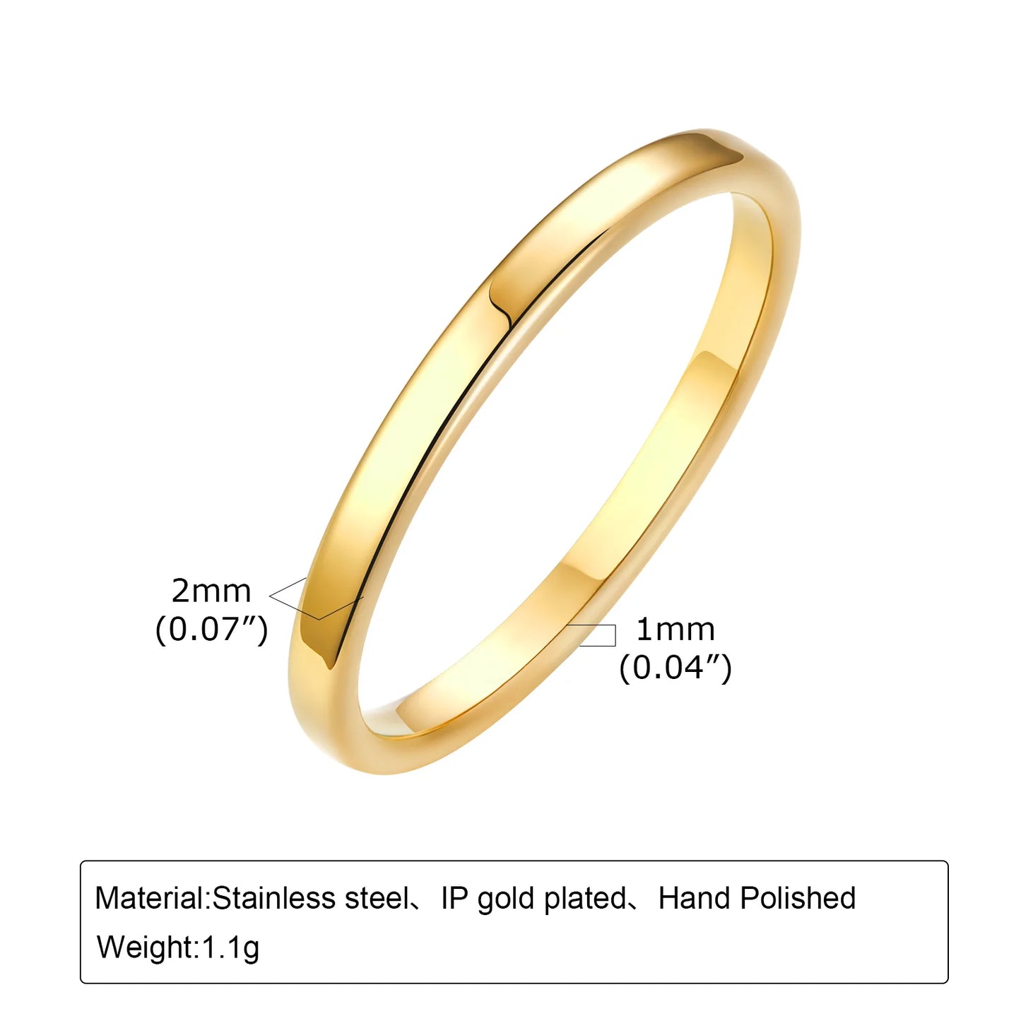 Set of 2 Stacking Ring for WomenStainless Steel 2mm Thin Gold Color Dome Shap Minimalist Jewelry