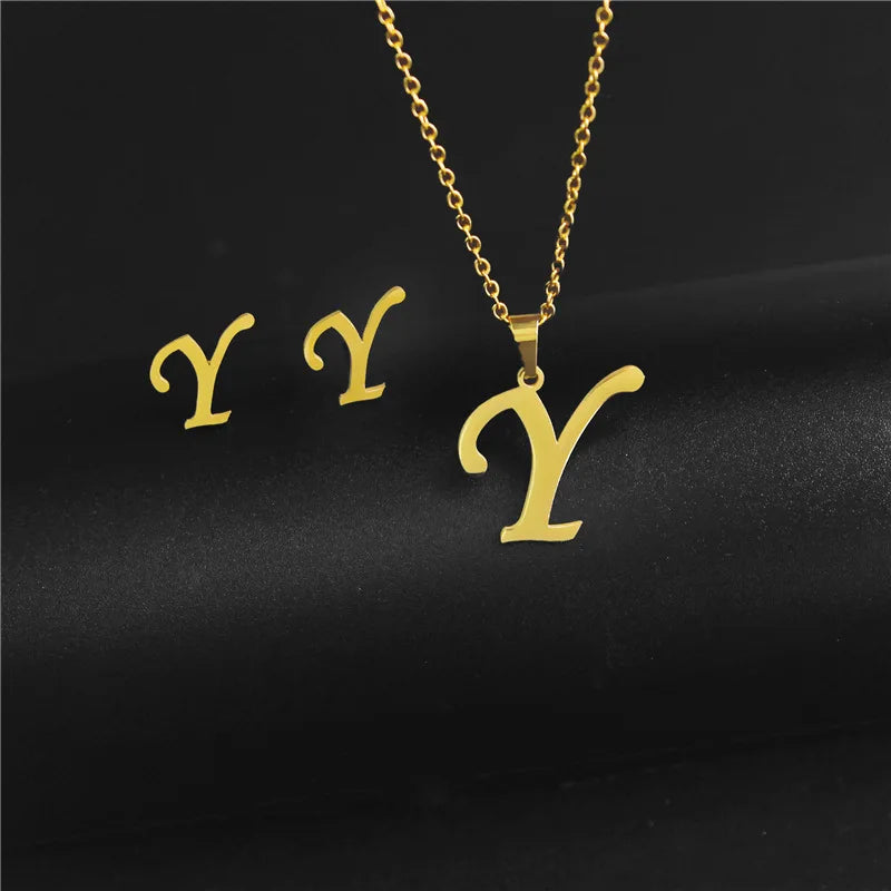 A-Z 26 Stainless Steel Initial Necklace and Earring Jewelry Set Letter Pendant Chain Alphabet Mom Christmas Gift