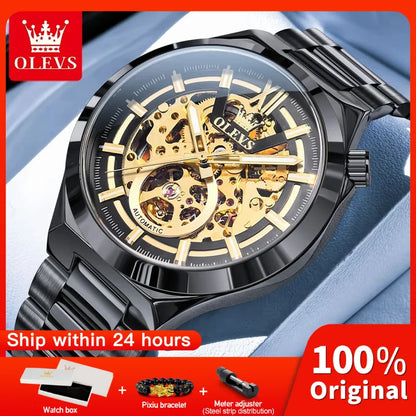 OLVES 6722 Mens Watch Original Luxury Skeleton Automatic Mechanical Watch Waterproof Luminous Stainless Steel Watches For Man