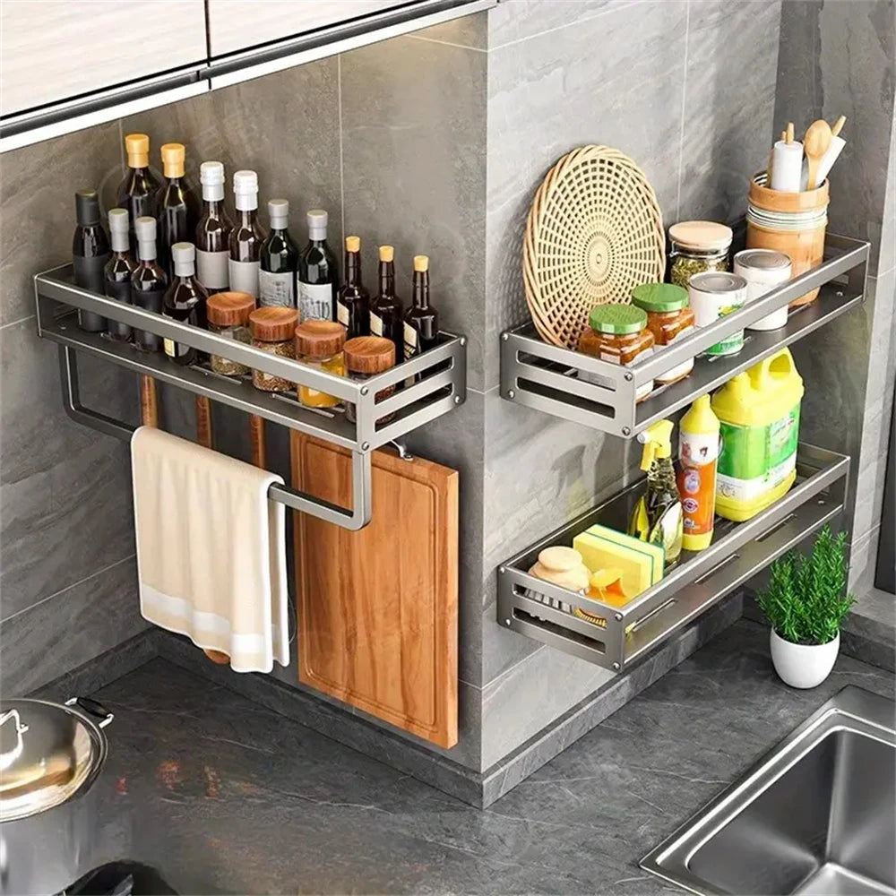 1/2pcs Aluminum Wall-Mounted Spice Rack Multifunctional Item Shelf Kitchen Tools Hooks Kitchen Condiment Storage Rack