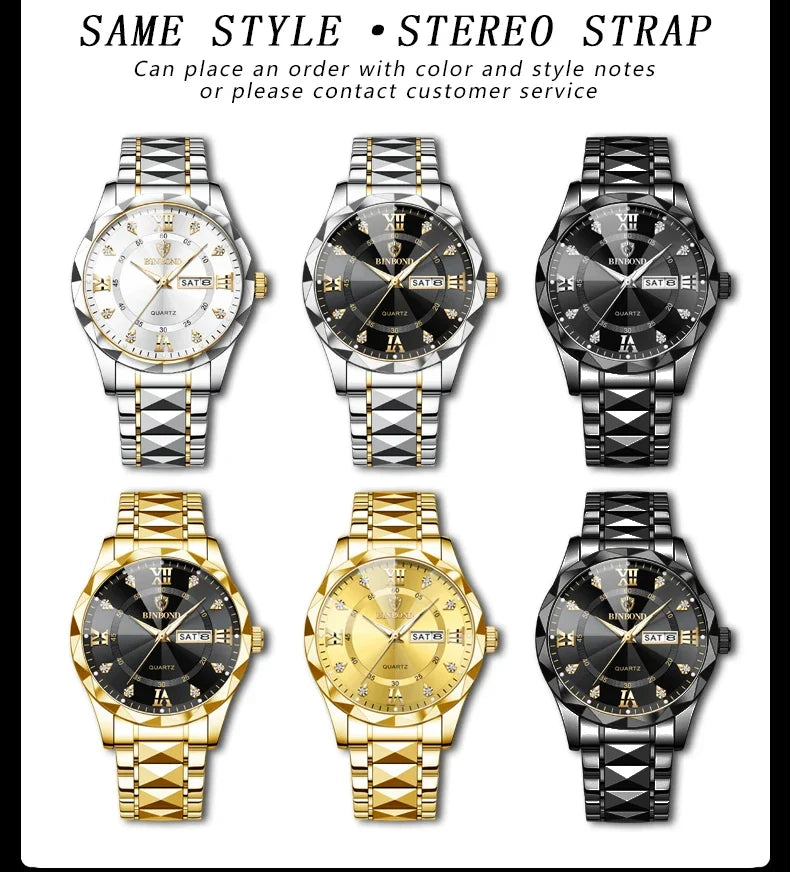 Binbang B2521 Men's Watch Waterproof Night Glow Double Calendar Watch Men's Business Quartz Watch Diamond Pointed Glass