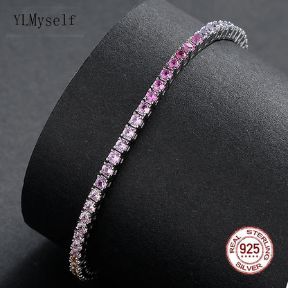 New 2 mm Rainbow Solid 925 Silver Jewelry Colorful Cubic Zircon Colorful Pretty Tennis Chain Bracelets