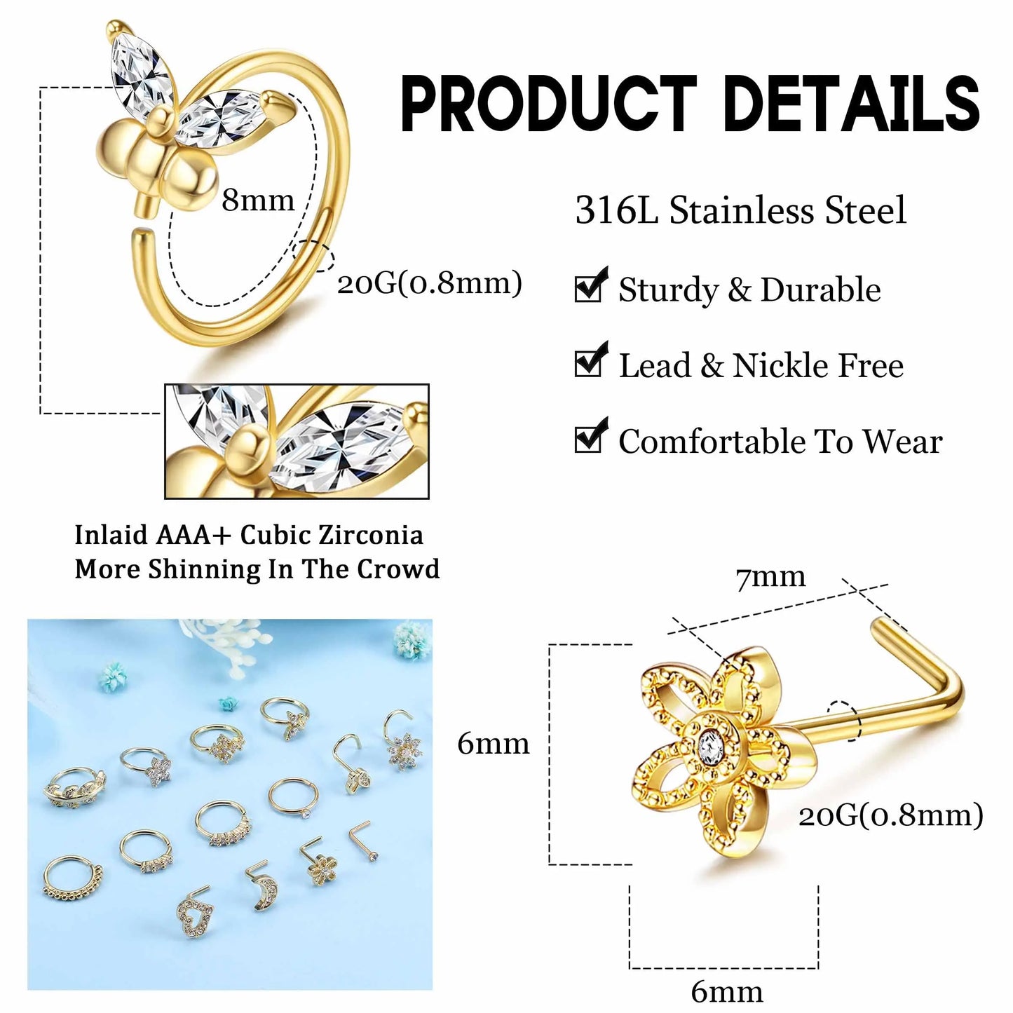 Drperfect Nose Rings Studs for Women Surgical Steel 20G Nose Hoop Corkscrew L Shaped Nose Stud Nose Ring Nose Piercing Jewelry