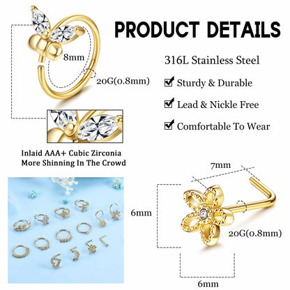 Drperfect Nose Rings Studs for Women Surgical Steel 20G Nose Hoop Corkscrew L Shaped Nose Stud Nose Ring Nose Piercing Jewelry
