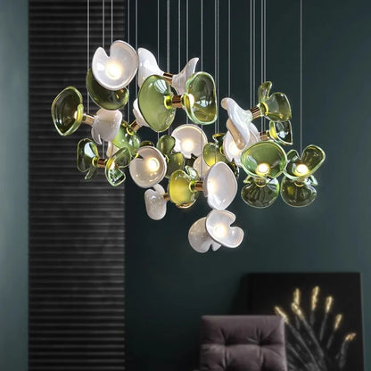 BOSSEN Light Luxury Dimmable Green Crystal Glass Chandelier Pendant Light White Gold Stainless Steel for Living Room decor