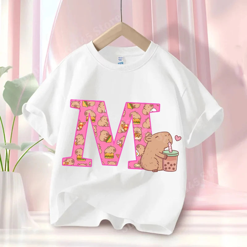 Summer Capibara Anime Letter A-Z Cute Printed Children's T-shirt Girls Short Sleeve Cotton Fashion Tops Kids Clothes Casual Tees