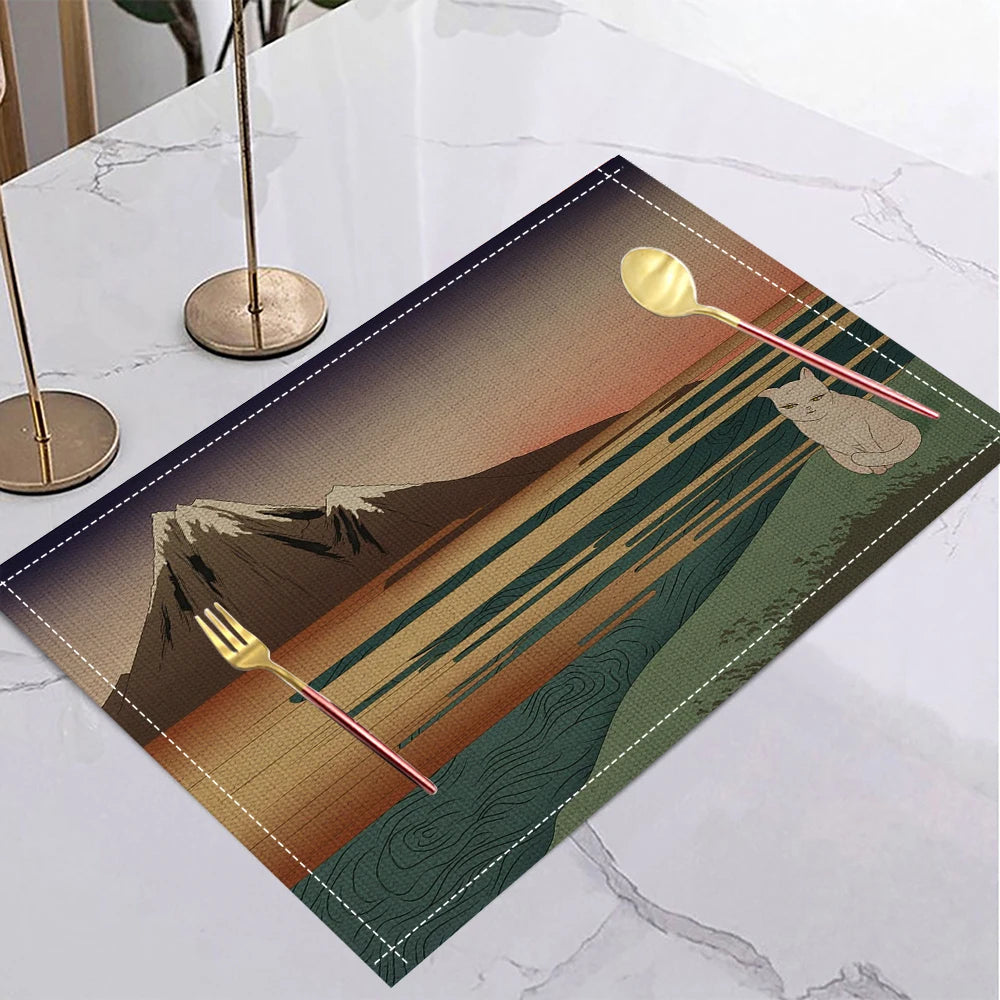 Japanese Ukiyo-e Style Linen Placemat Non Slip Table Mats Rectangular Non Slip Dining Table for Kitchen Home Decor Essentials