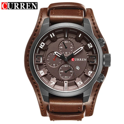 CURREN 8225 Luxury Large Dial Calendar Watch, Water-Resistant Blue Light Dial Quartz Leather Watch
