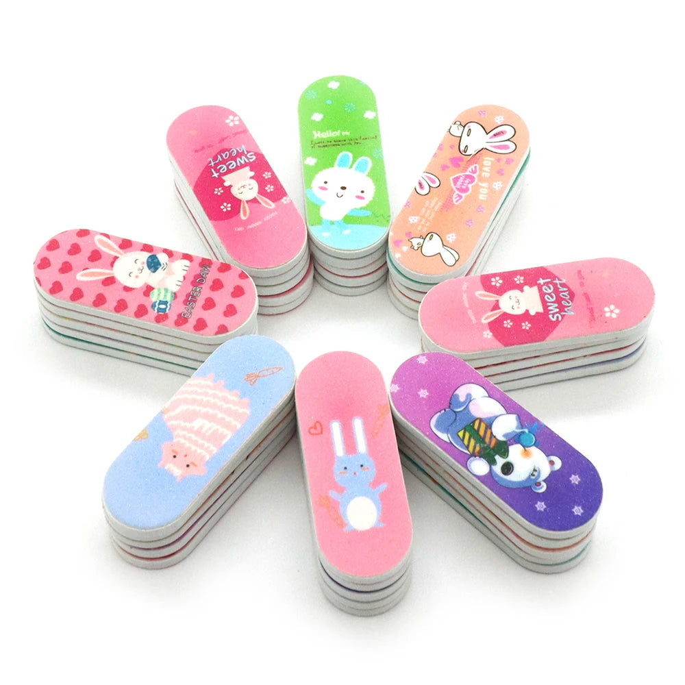 100pcs Cute Cartoon Nail Files Print Mini Double-Sided Nail File Set Sponge Buffer Cuticle Care Buffing Sticks Beauty Tools
