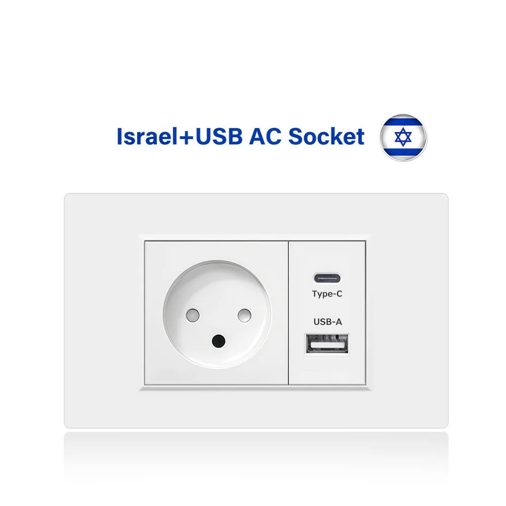 Israel USB Type C Charging Wall Socket 118mm*72mm White & Black Flame Retardant PC Panel Power Socket for Home Office Kitchen