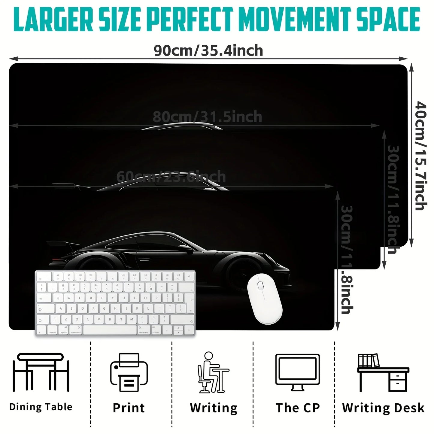 Large Matte Black Gaming Mouse Pad Sports Car Design Anti-Slip Rubber Base Desk Mat for Offices, Home, and Gaming Keyboards Mats