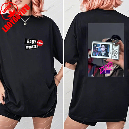 BABYMONSTER Kpop Band T-shirt Korean Fashion Summer Double Sided Tee Short Sleeve Cotton Comfortable Tshirts Women/Men Clothes