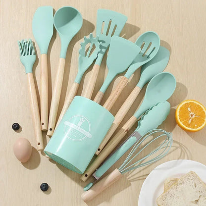 12PCS Silicone Kitchen Utensils Set Non Stick Cooking Tools Wooden Handle Spatula Turner Egg Whisk Baking BBQ Heat Resistant