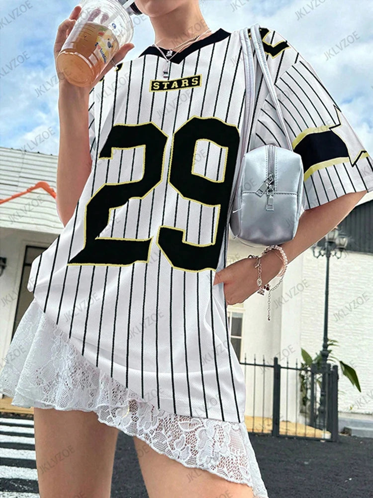 Oversized T-shirt For Women V-Neck Short Sleeve Summer Pink Patchwork 29 Printed Streetwear Tops Casual Football Jersey Y2k Tees
