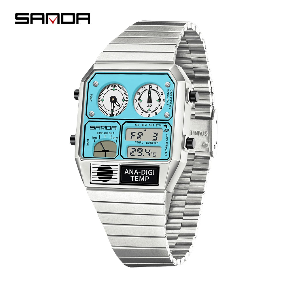 SANDA New 3192 Men's Square Men's Electronic Watch Waterproof LED Thermometer Stopwatch For Men's Electronic Watch