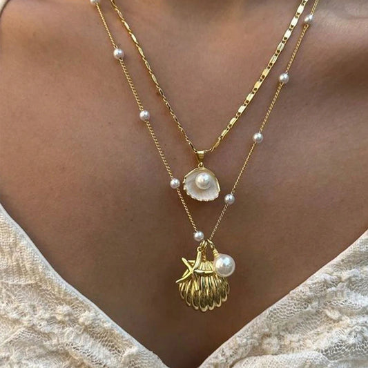 2pcs/set Fashion Shell Starfish Imitation Pearls Pendant Necklace for Women Summer Beach Jewelry Accessories