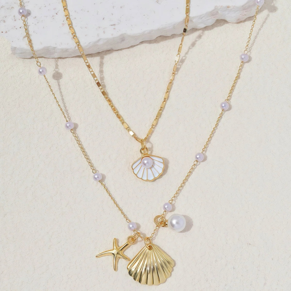 2pcs/set Fashion Shell Starfish Imitation Pearls Pendant Necklace for Women Summer Beach Jewelry Accessories