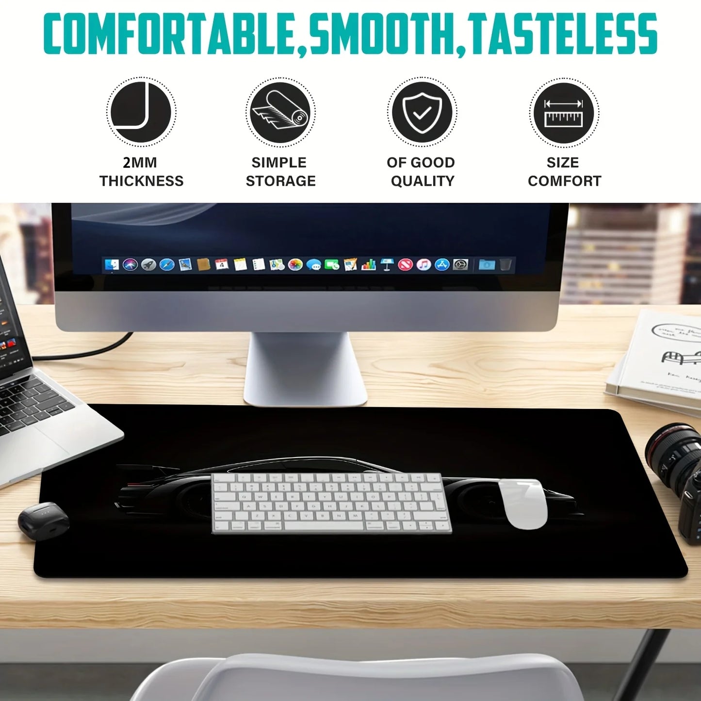 Large Matte Black Gaming Mouse Pad Sports Car Design Anti-Slip Rubber Base Desk Mat for Offices, Home, and Gaming Keyboards Mats