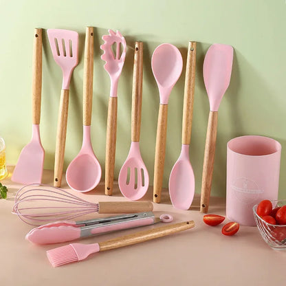 12PCS Silicone Kitchen Utensils Set Non Stick Cooking Tools Wooden Handle Spatula Turner Egg Whisk Baking BBQ Heat Resistant