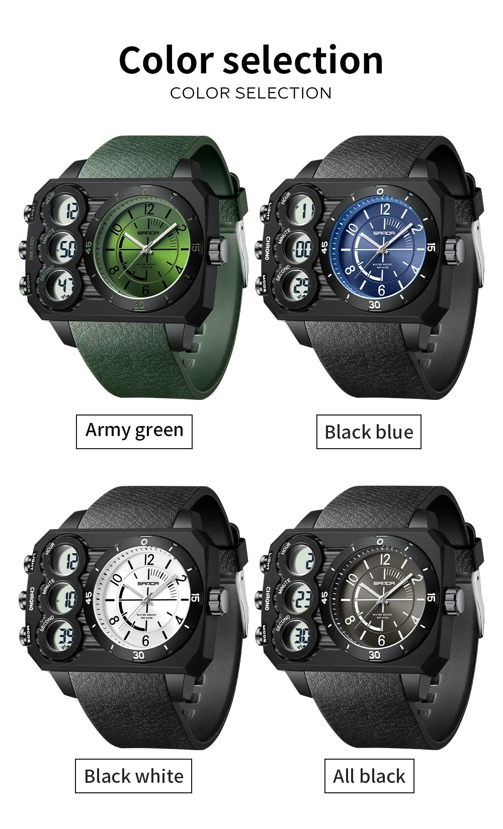 SANDA Fashion Electronic Watch Outdoor Sports Multi functional Waterproof Night Light Dual Display Men's Electronic Watch 6237