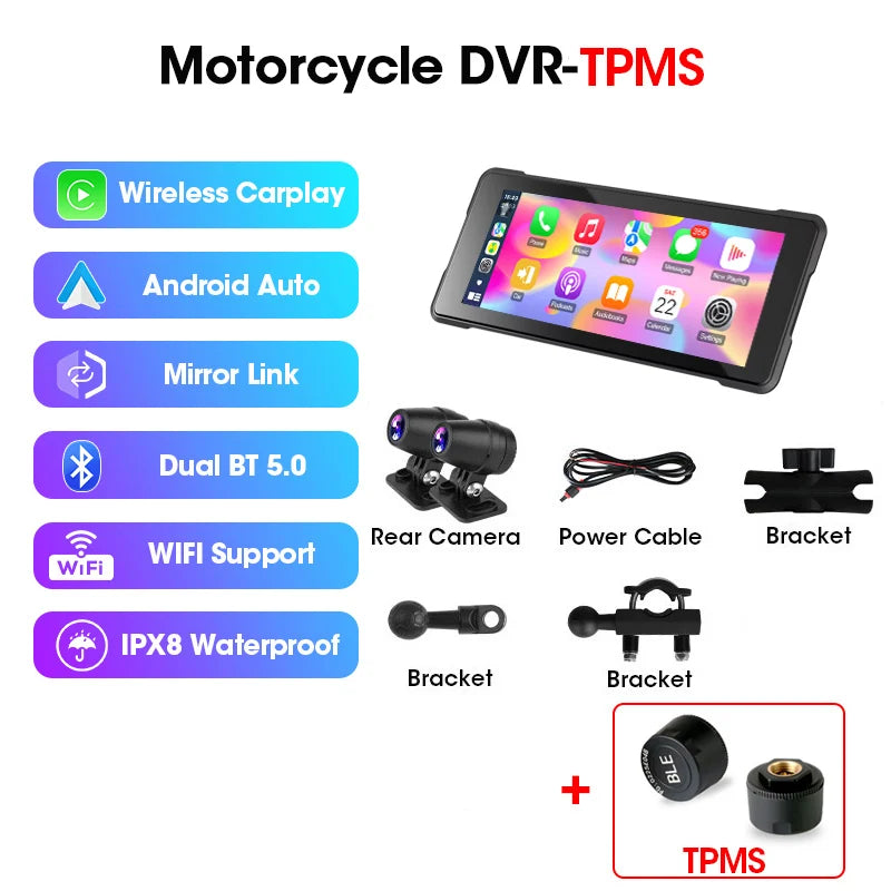 Srnubi 6.86" Motorcycle DVR or Player 1080P Dual Cam GPS Navigation Wireless Carplay Android Auto Stereo Moto Dashcam with TPMS