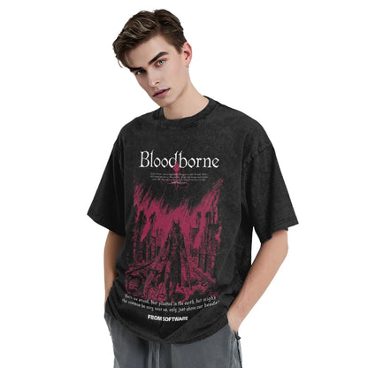 Bloodborne Darks Souls Washed T Shirts Streetwear Hip Hop Vintage T-Shirt  Tees Tops for Men Women Cotton Street Graphic Printed