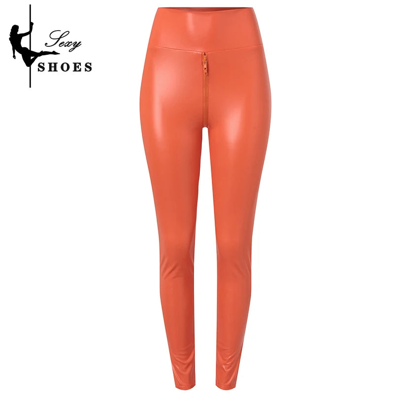 Open Crotch Pants for Women Sexy Black Matte Leather Double Zipper Bodycon Trousers Ladies Exotic Slim Nightclub Leggings Custom