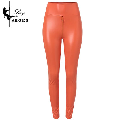 Open Crotch Pants for Women Sexy Black Matte Leather Double Zipper Bodycon Trousers Ladies Exotic Slim Nightclub Leggings Custom