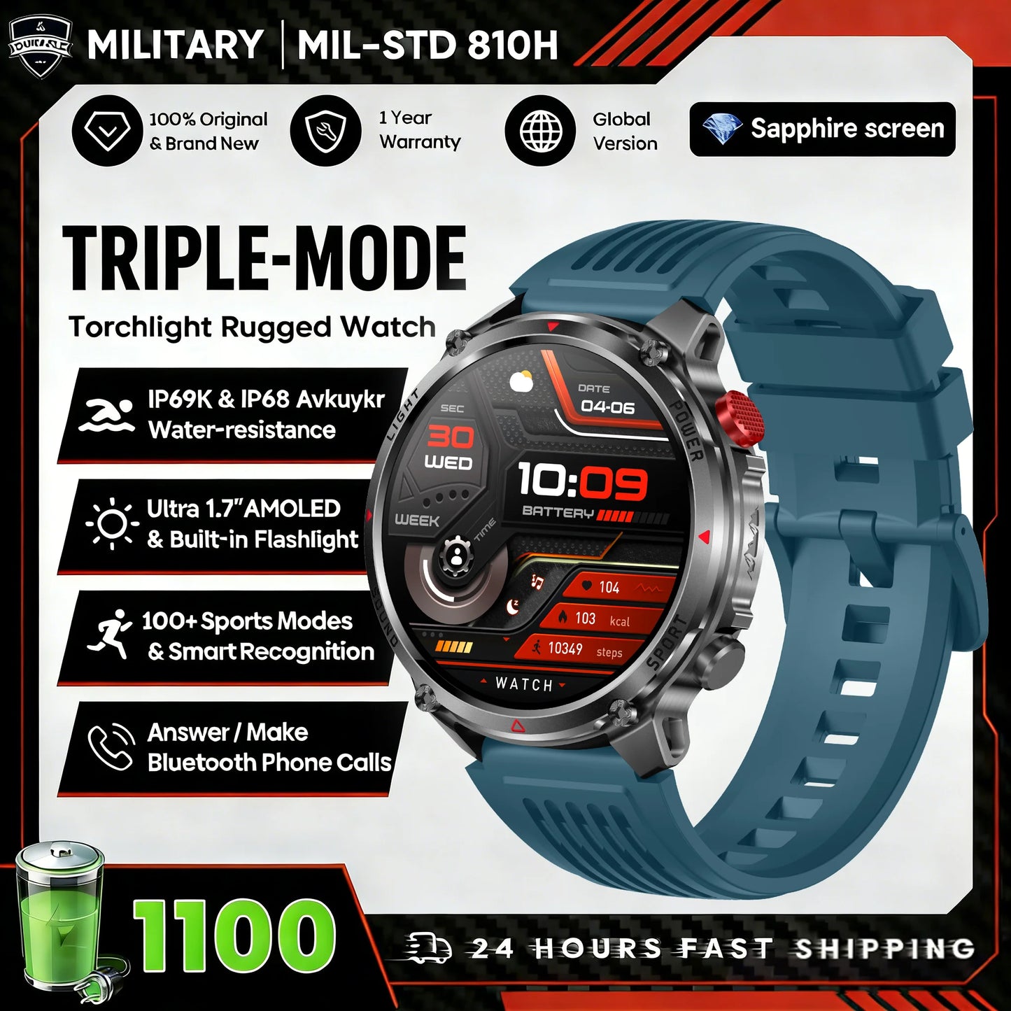 1100mAh Super Capacity Battery Military Outdoor Smart Watch Men 1.7inch Screen Compass Bluetooth Call 3ATM Waterproof SmartWatch