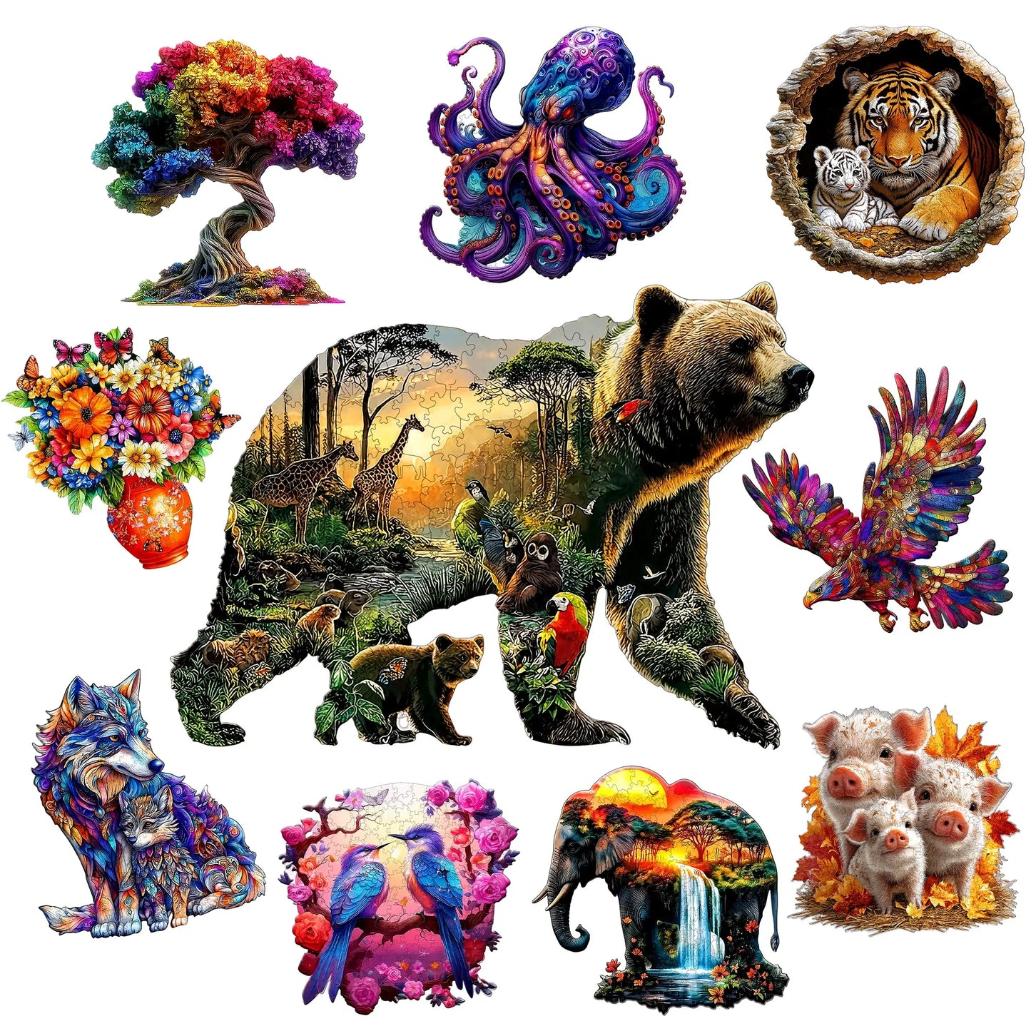 Bear and Animal World Theme Wooden Jigsaw Puzzle Wood Home Decor Painting Christmas and Halloween Gift Toy for Teen and Kid