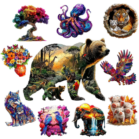 Bear and Animal World Theme Wooden Jigsaw Puzzle Wood Home Decor Painting Christmas and Halloween Gift Toy for Teen and Kid